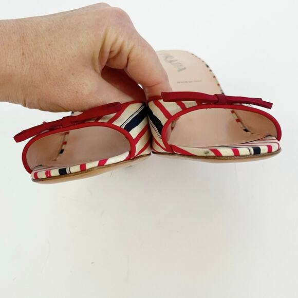 Vintage Prada Red Navy Cream Striped Bow Square Toe Slide Mules Heels IT 38.5 - Picture 8 of 11
